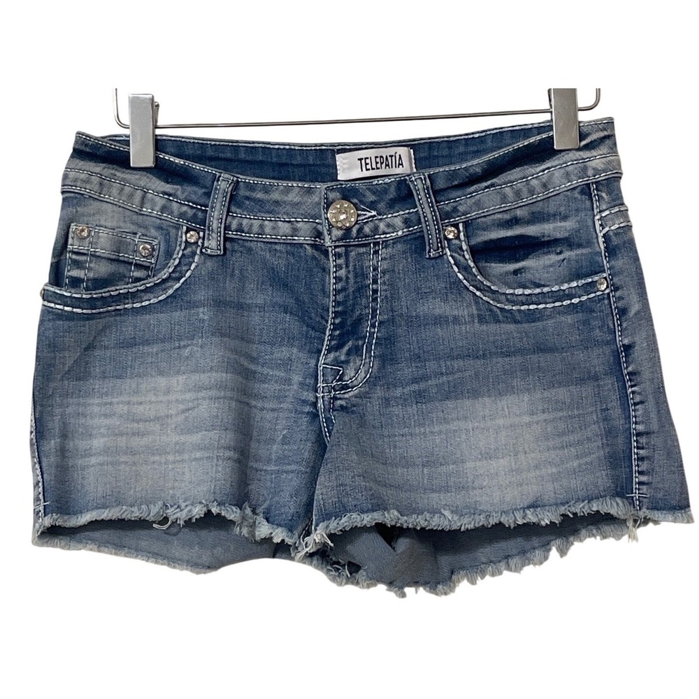Telepatia Denim Shorts Size 7/28  Embellished Wing Pockets Festival Boho